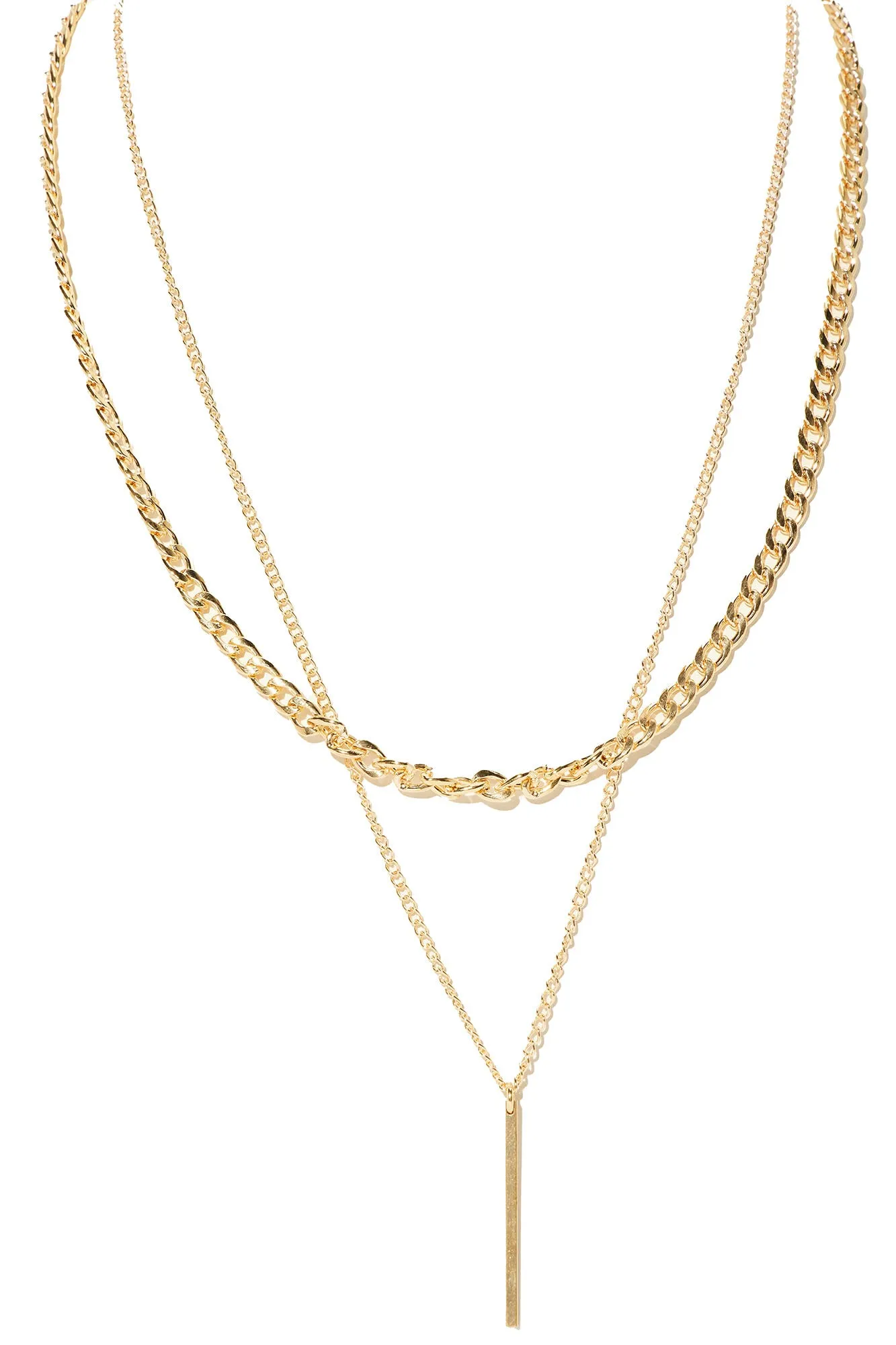 2 Piece Vertical Bar Pendant Chain Necklace - Gold