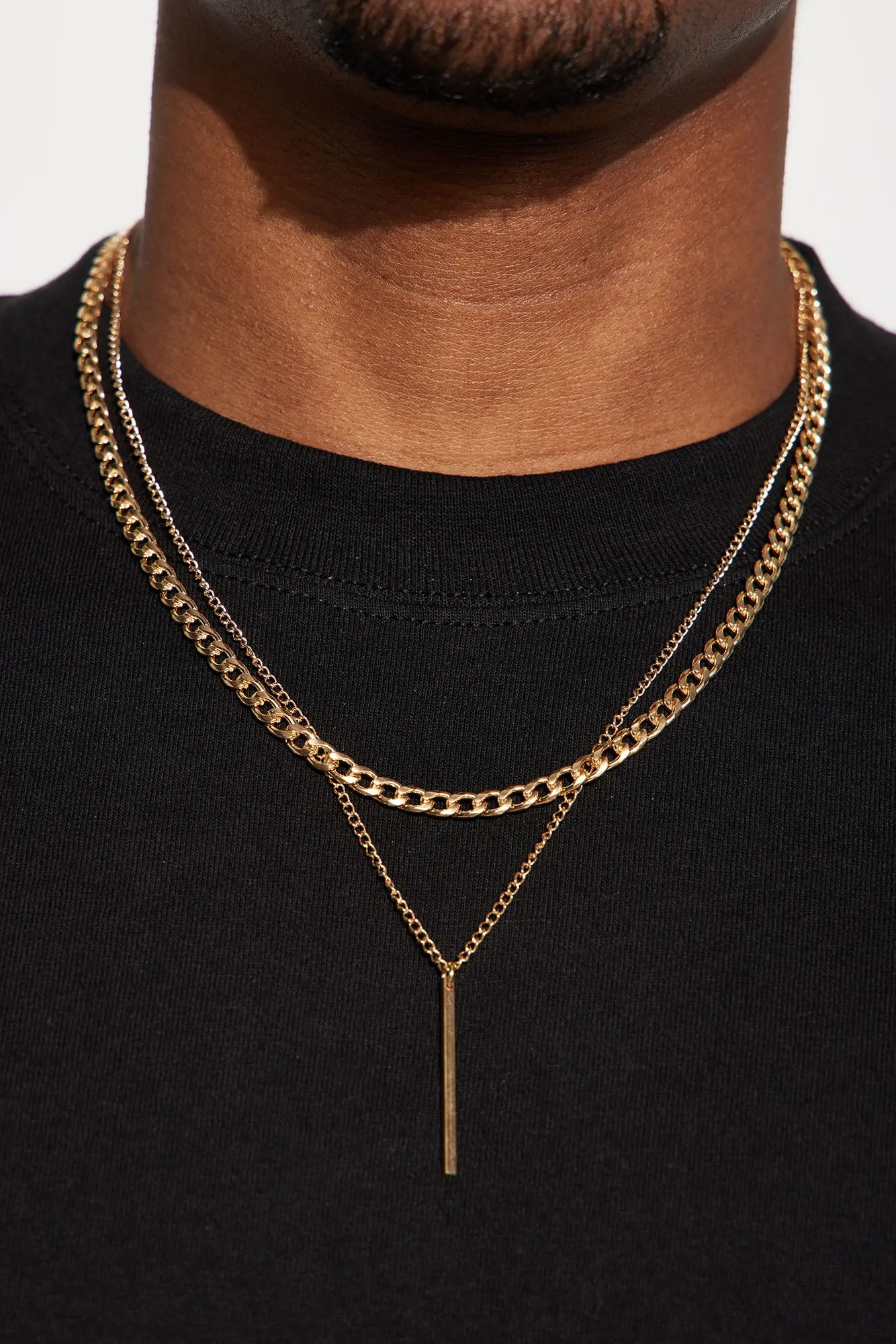 2 Piece Vertical Bar Pendant Chain Necklace - Gold