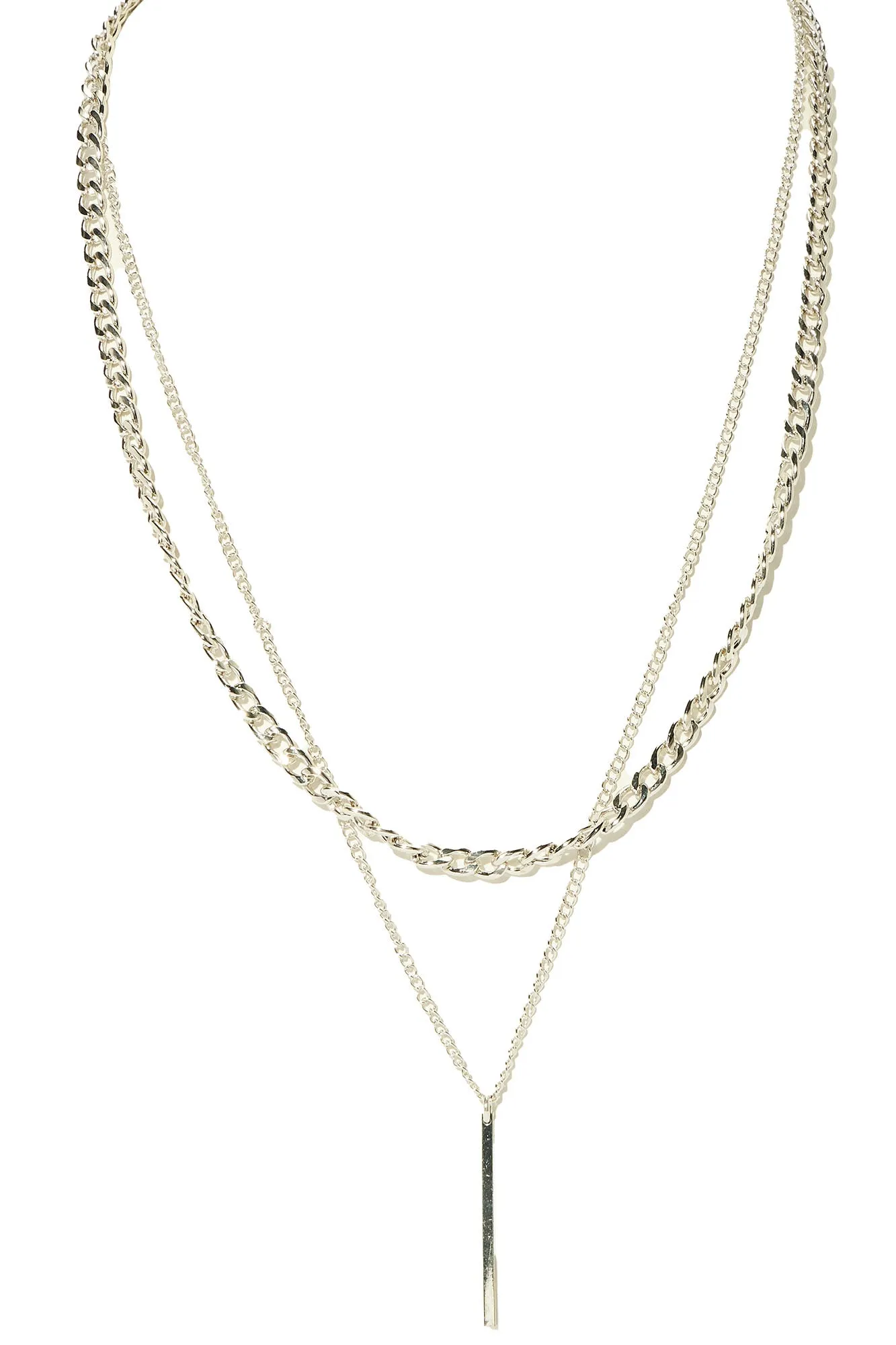 2 Piece Vertical Bar Pendant Chain Necklace - Silver
