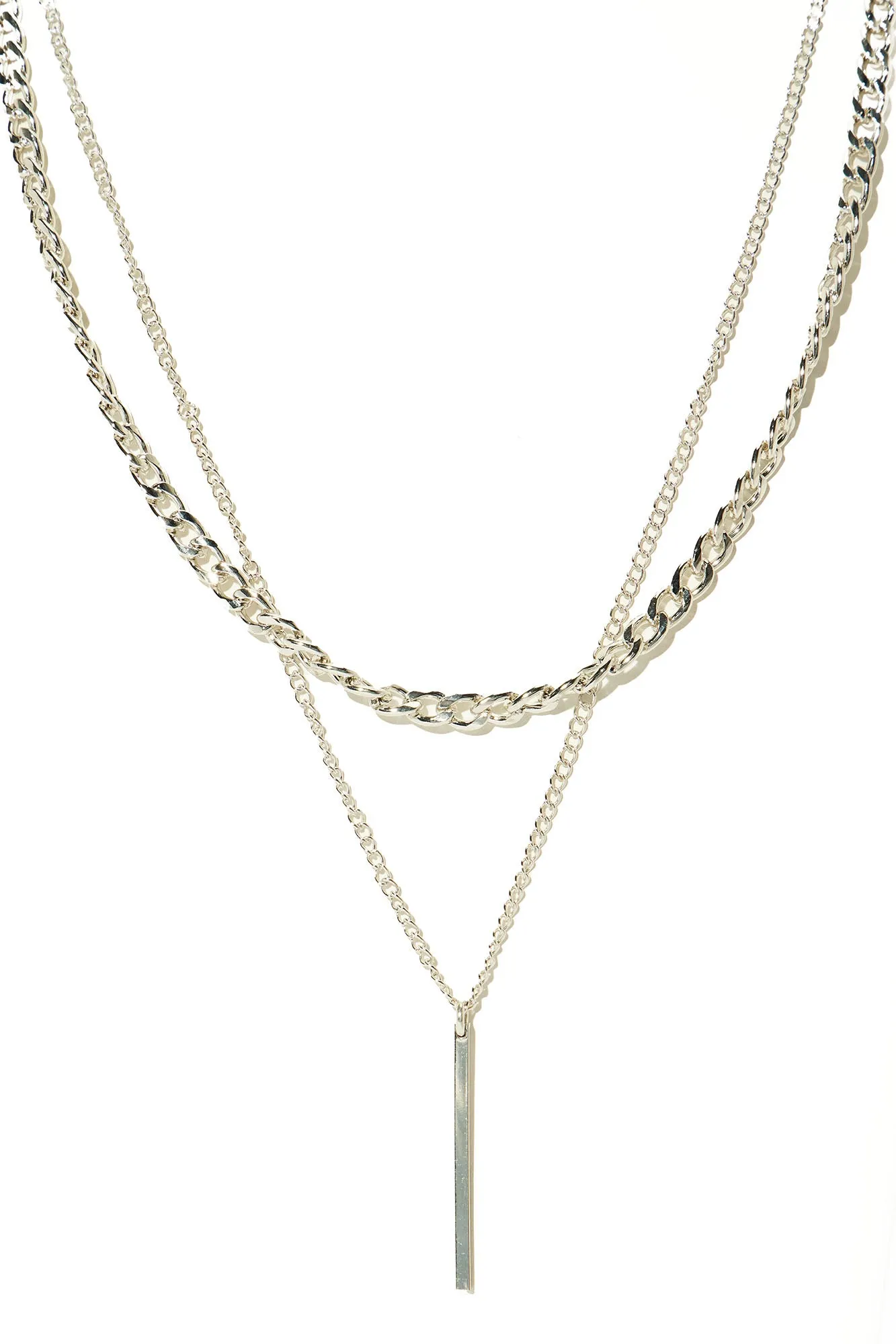 2 Piece Vertical Bar Pendant Chain Necklace - Silver