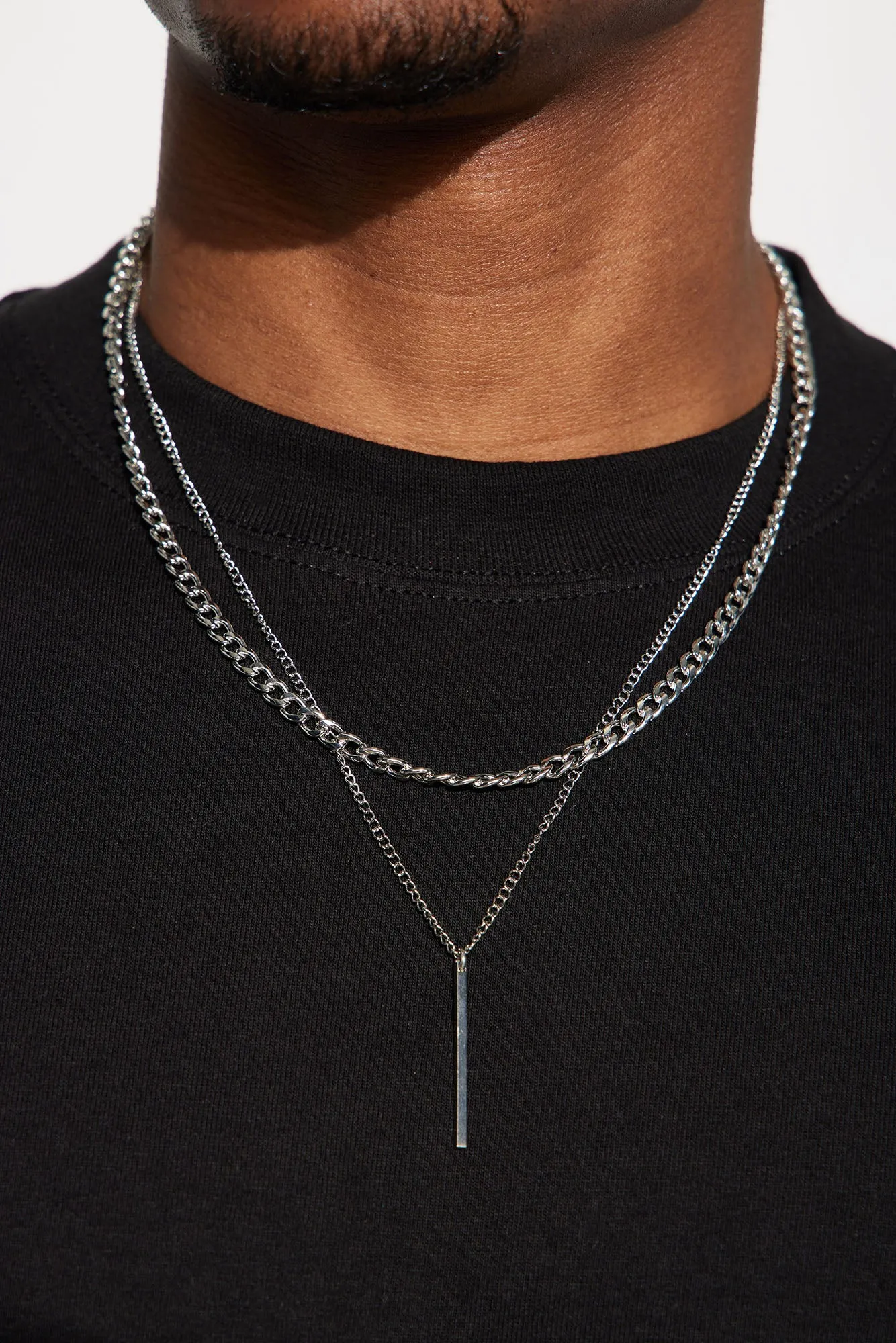 2 Piece Vertical Bar Pendant Chain Necklace - Silver
