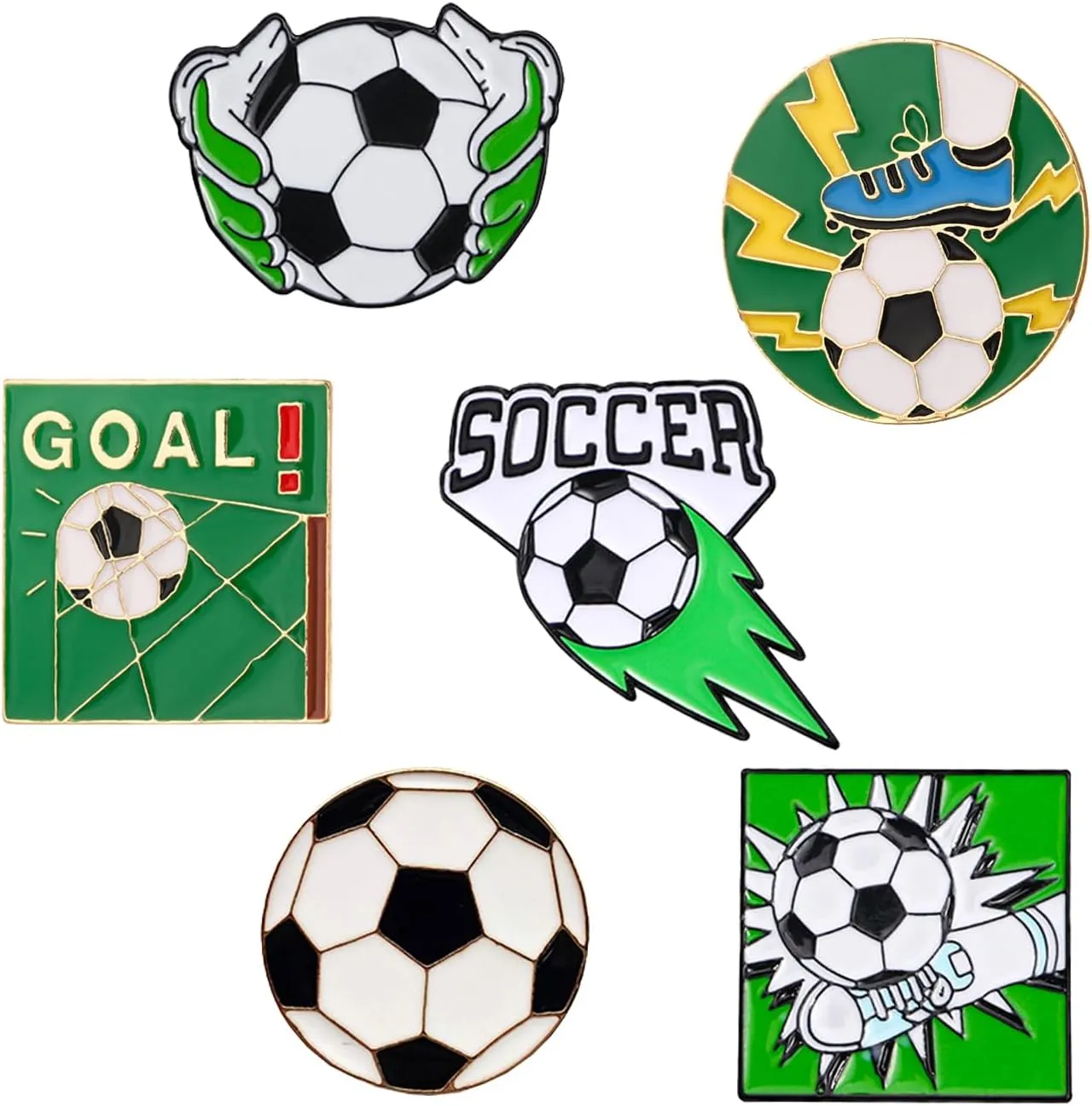 6Pcs Soccer Lapel Pins Green Football Enamel Pins Creative Brooches Metal Badge Pins for Hat Shirt Bag Sports Decoration