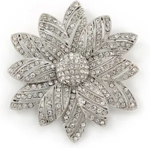 Bridal Clear Austrian Crystal Flower Brooch In Rhodium Plating - 50mm Diameter
