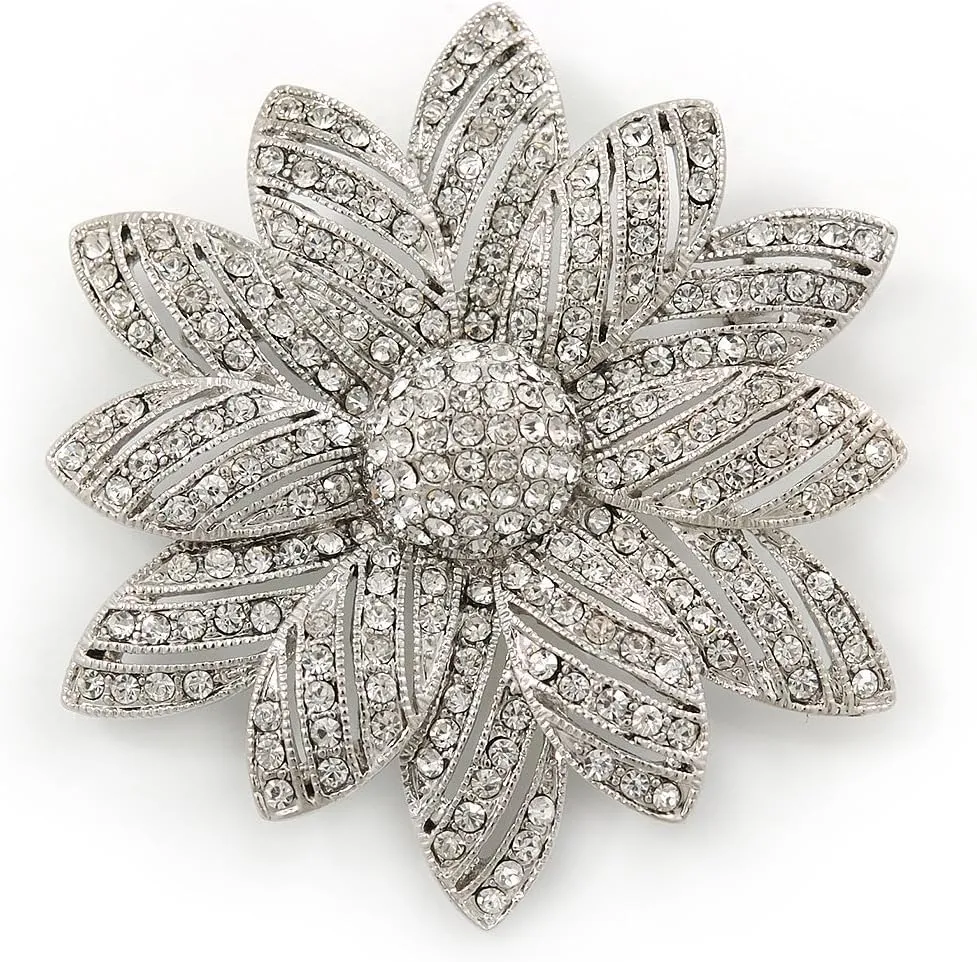 Bridal Clear Austrian Crystal Flower Brooch In Rhodium Plating - 50mm Diameter