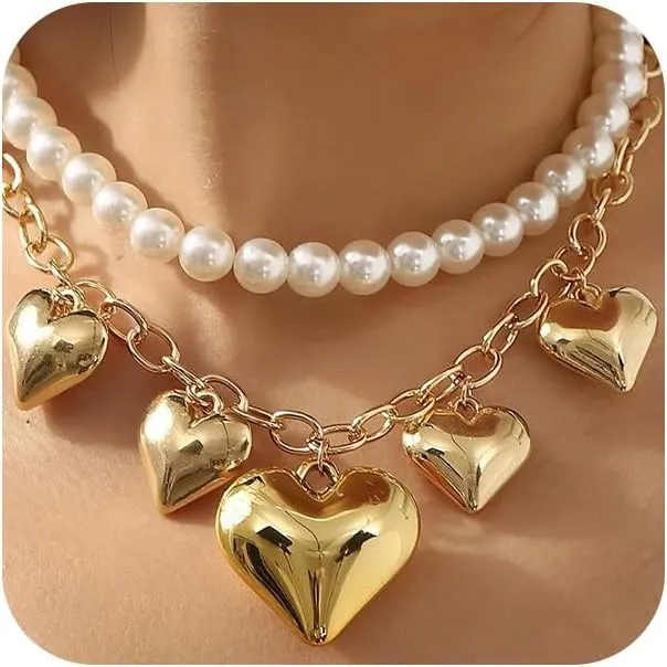 Chunky Gold Heart Necklaces for Women Statement Beaded Pearl Choker Love Hearts Pendant Necklaces Trendy Y2k Layered Chain Party Jewelry Gifts Accessories