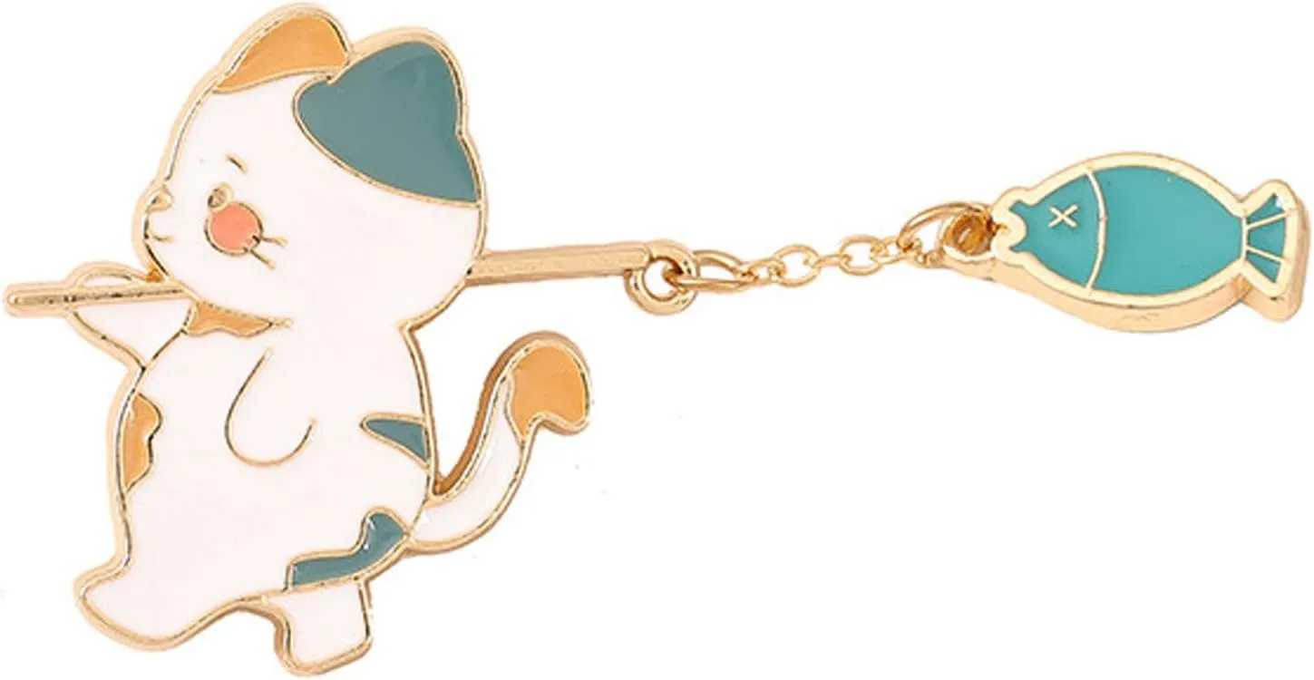 Creative Cat Fishing Design Enamel Brooch Pin, Cute Animal Metal Brooch Pins for Women & Men