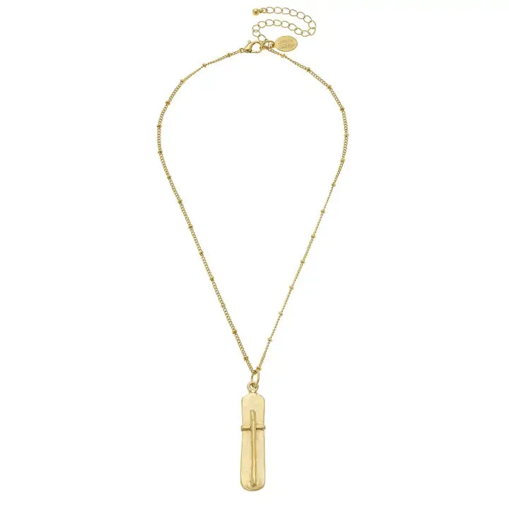 Dainty Gold Bar   Cross Necklace