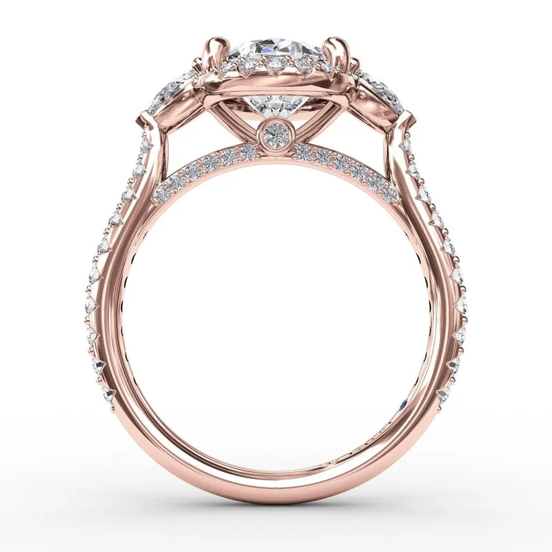 Fana Oval Diamond Halo Engagement Ring With Pear-Shape Diamond Side Stones