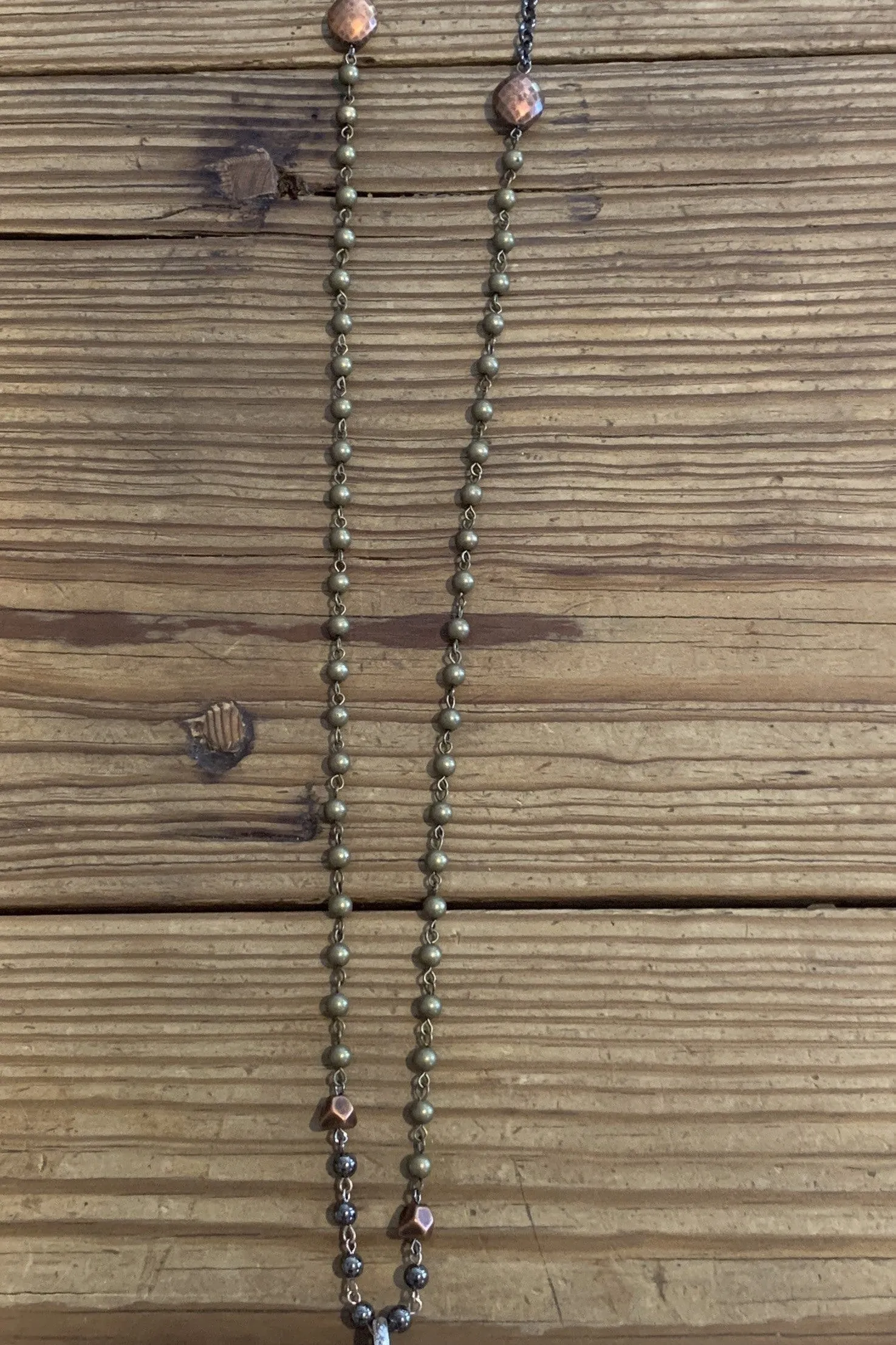 Lost And Found Bronze Beaded Necklace With Silver Triangle And Copper Bar Drop