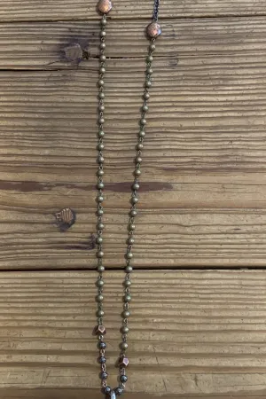 Lost And Found Bronze Beaded Necklace With Silver Triangle And Copper Bar Drop