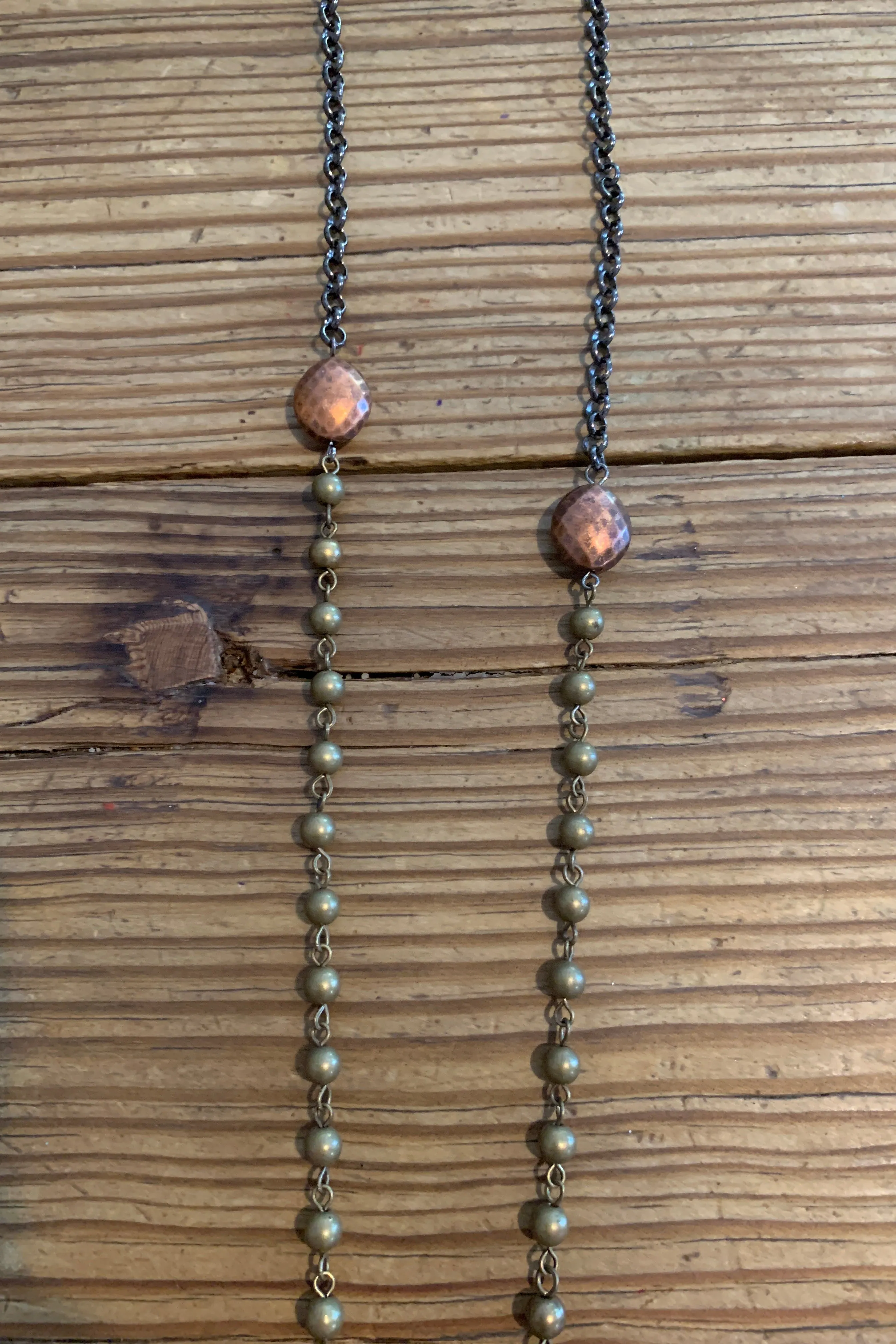 Lost And Found Bronze Beaded Necklace With Silver Triangle And Copper Bar Drop