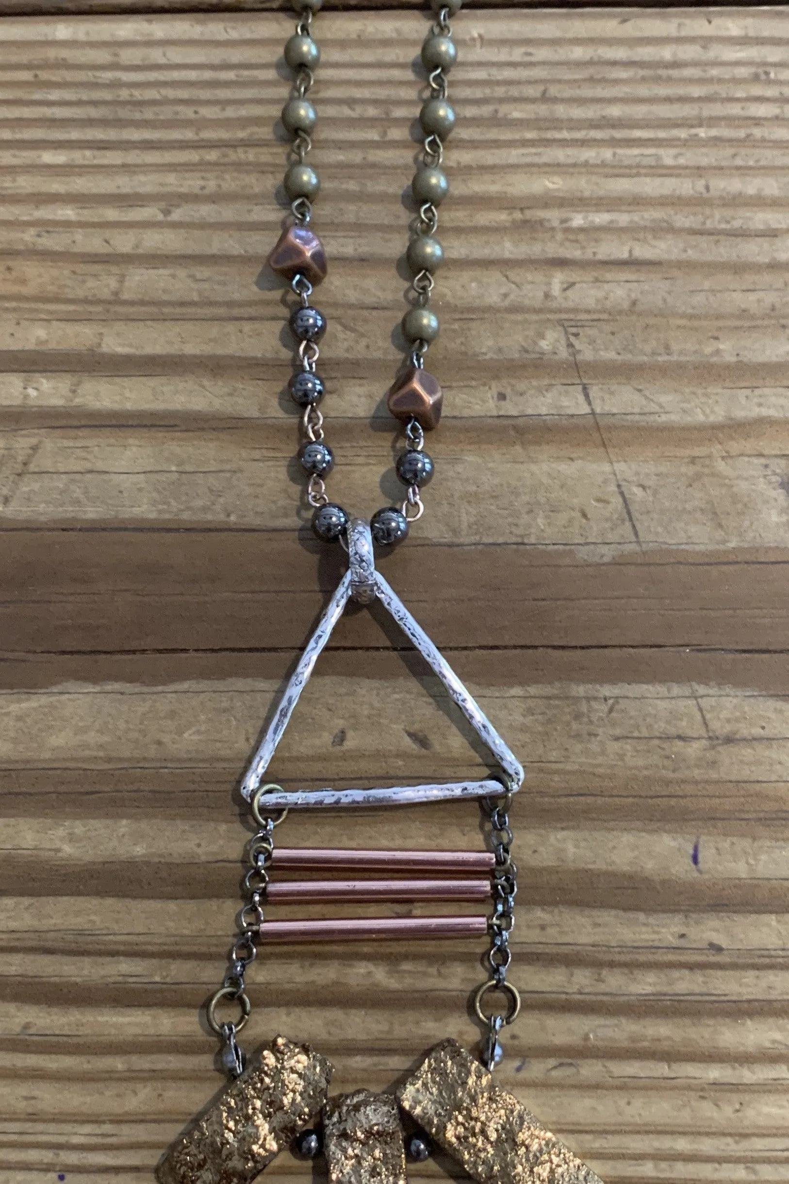 Lost And Found Bronze Beaded Necklace With Silver Triangle And Copper Bar Drop