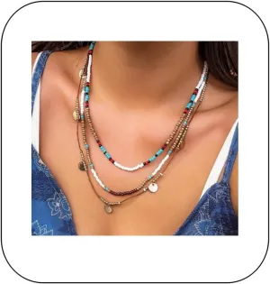 Maillard Style Brown Beaded Choker Necklace Layered Colorful Beads Necklaces with Leaf Disc Butterfly Pendant Boho Beach Wedding Seed Bead Jewelry for Women and Girls