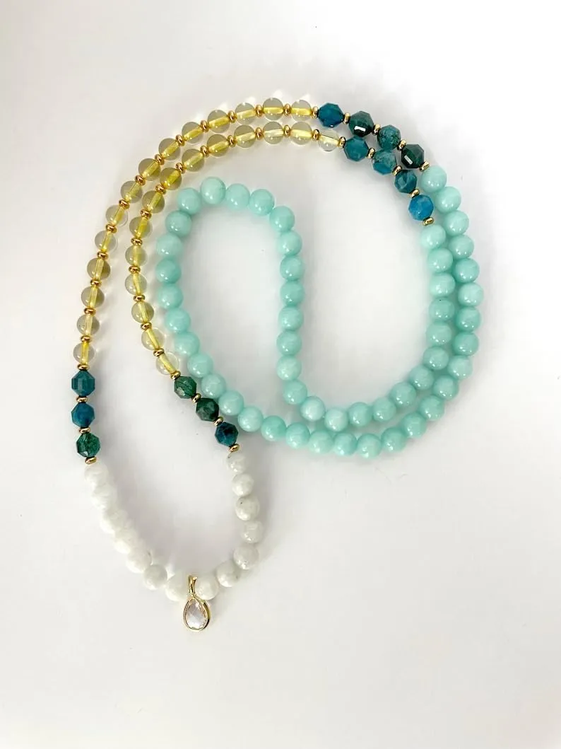 Natural Moonstone, Citrine, Apatite and Amazonite 6mm 108 Mala Beads, Spiritual, Meditation Beads, Reiki, Japa Mala, Buddhist Prayer Beads, Yoga Bracelet, healing beads LKMALA-RRGU-3280
