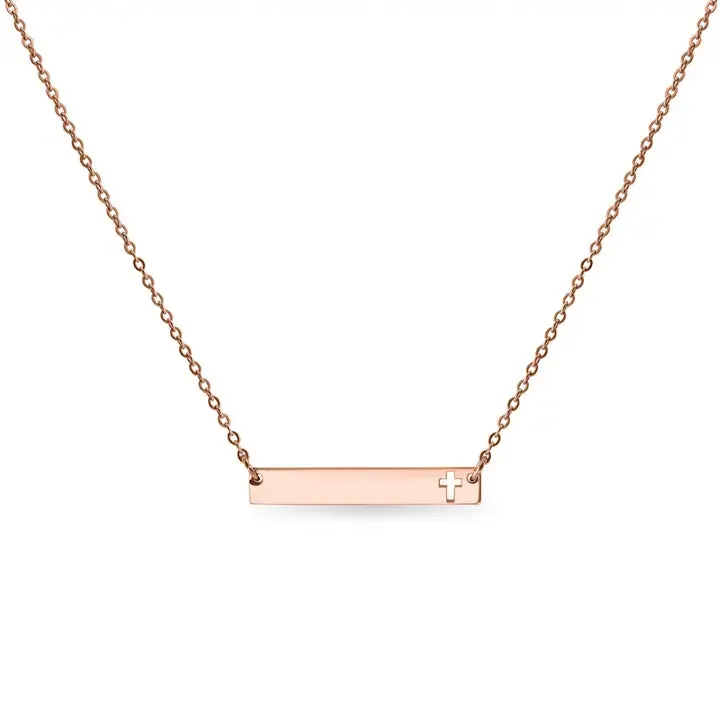 Stainless Steel Cutout Cross Bar Necklace In Rose Gold